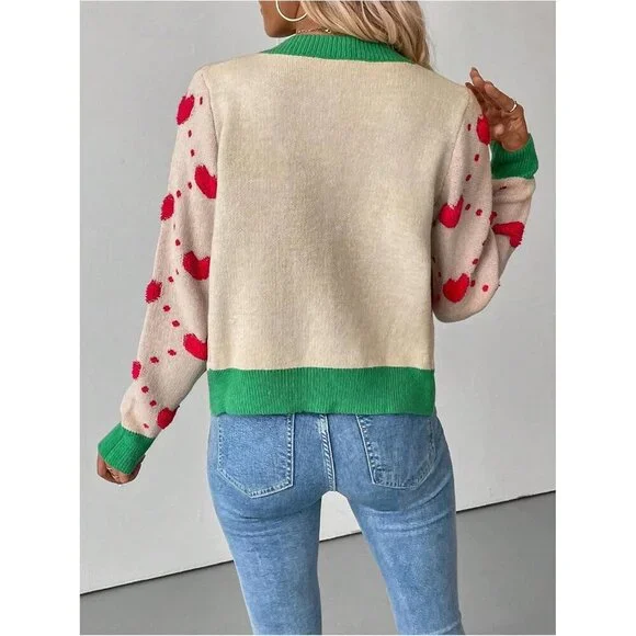 Women's Color Block Heart Cardigan Knit Long Sleeve Button Down Fall Sweater